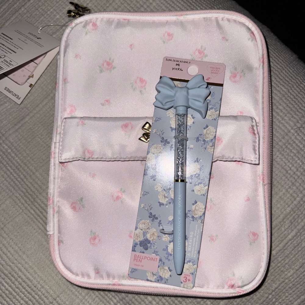 LoveShackFancyx yoobi Pink Floral Cosmetic Pouch with Blue Bow Pen